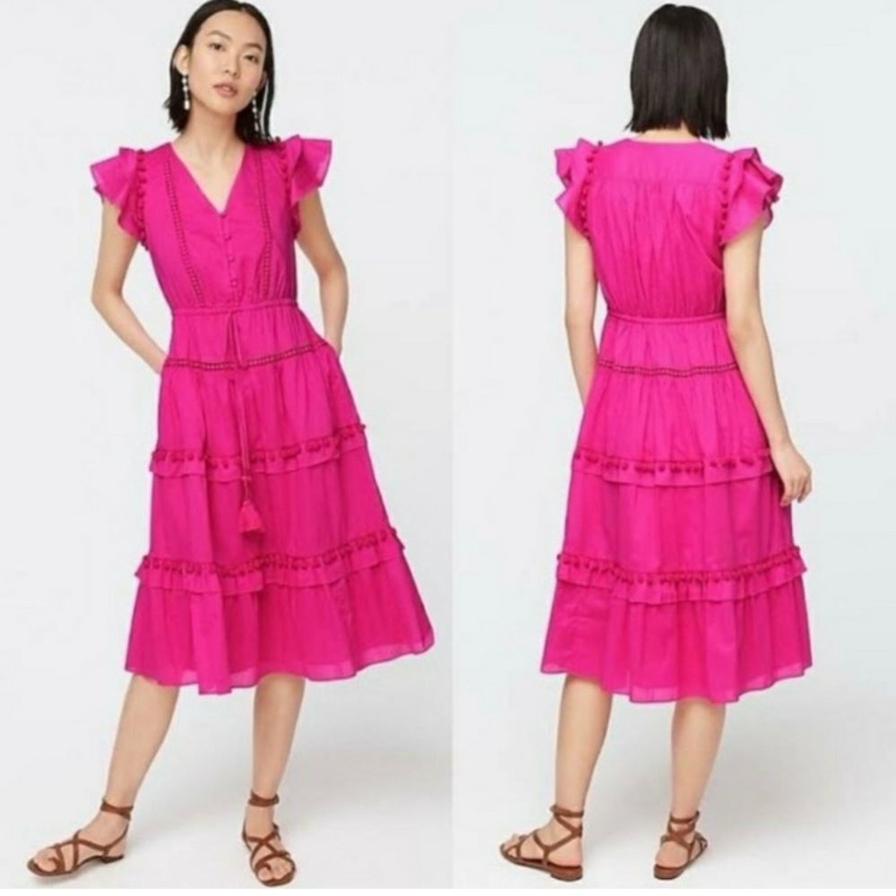 J Crew Pink Ruffle Pom-Pom Midi Dress in Cotton Voile with Pockets 4
